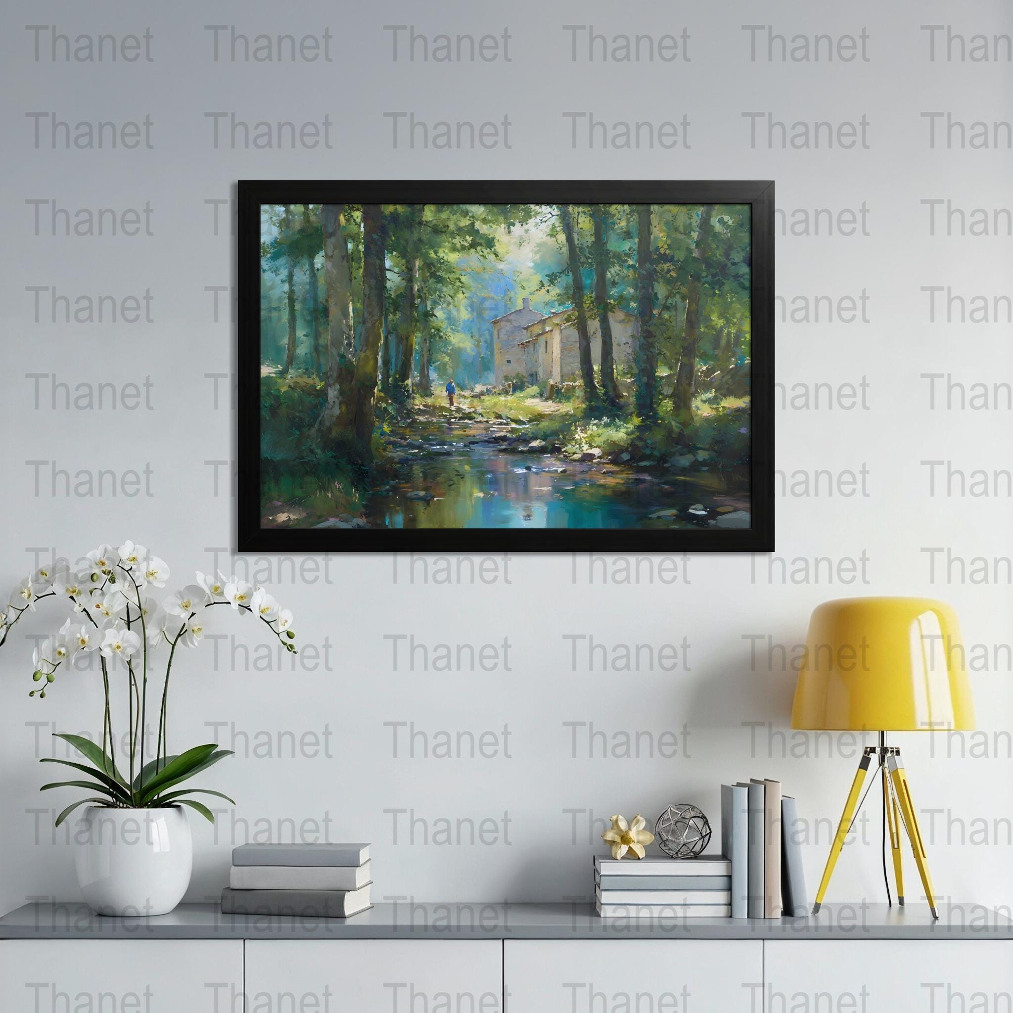 森の小川の風景画：静かな森のアートワーク - Etsy 日本