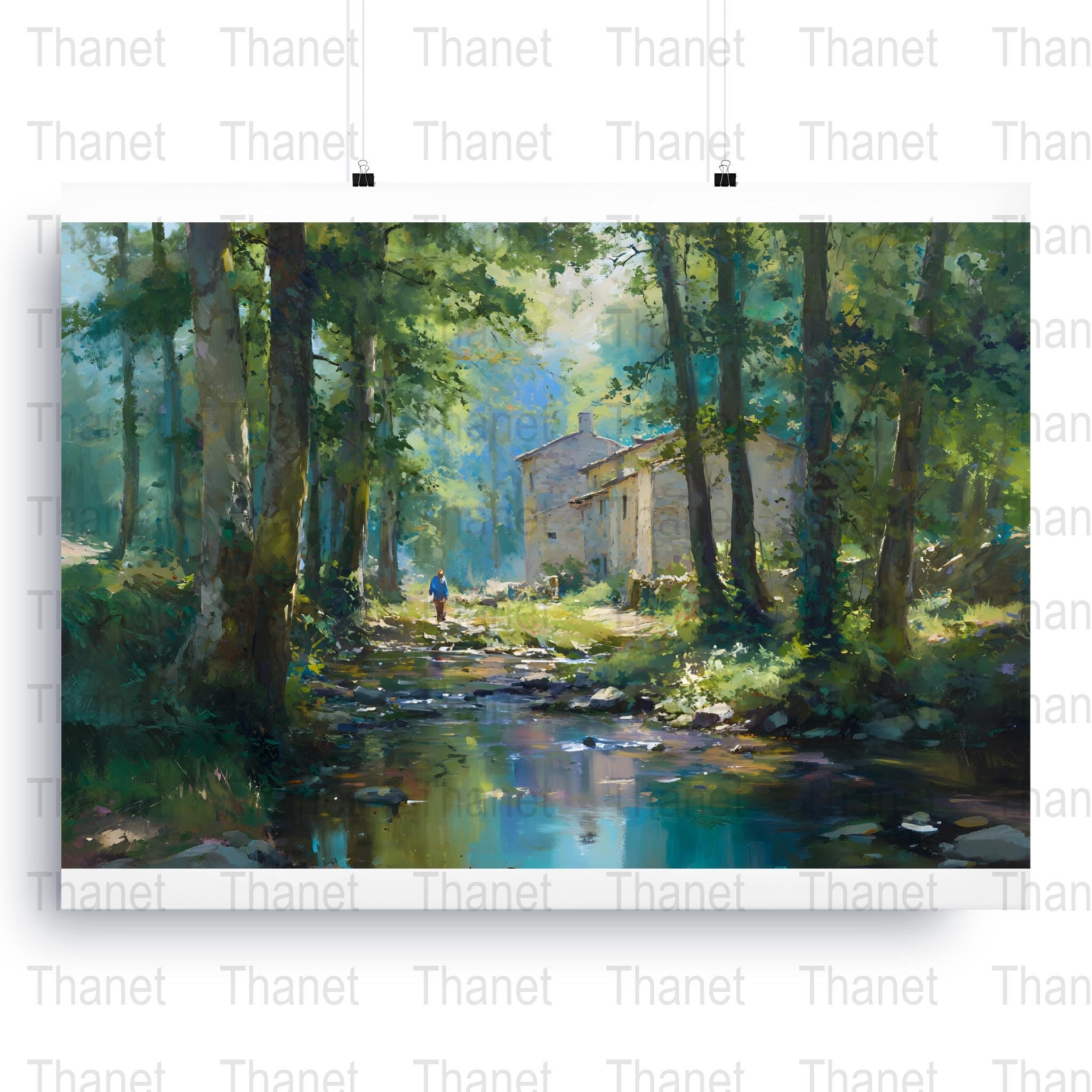 油絵・風景画「森の小川」 森の小川の風景画：静かな森のアートワーク - Etsy 日本