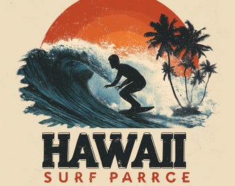 Puede incluir: Ilustración de estilo vintage de un surfista surfeando una ola, con un atardecer y palmeras. El diseño incluye la palabra "HAWAII" y las frases "SURF PARRCE PARAIDASE". La paleta de colores incluye azules, naranjas y beige.