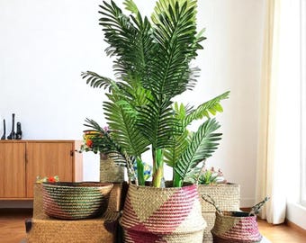 Panier de rangement en jonc de mer tressé à la main - Support pour plante bohème rustique
