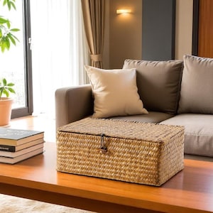 Puede incluir: Una cesta de almacenamiento rectangular tejida con tapa, hecha de fibras de color natural. La cesta está sobre una mesa de centro de madera frente a un sofá marrón. Un pequeño pestillo de madera asegura la tapa.