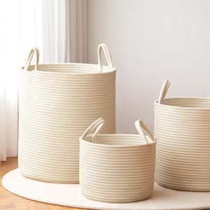 White Cotton Rope Basket – Minimalist Storage Bin, Toy & Laundry Organizer, Multiple Sizes, Nursery Decor