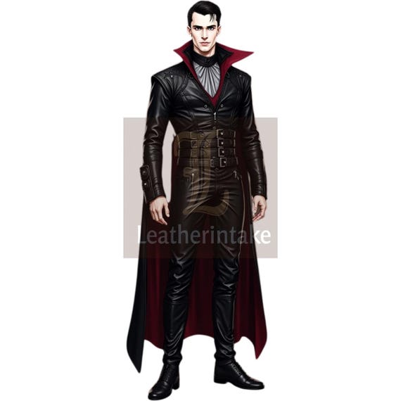 Traje gótico masculino de couro preto e vermelho: jaqueta de