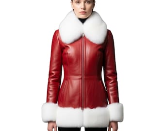 Handmade Red Leather Women’s Coat with White Fur Trim - Winter Style - Chirmas Special
