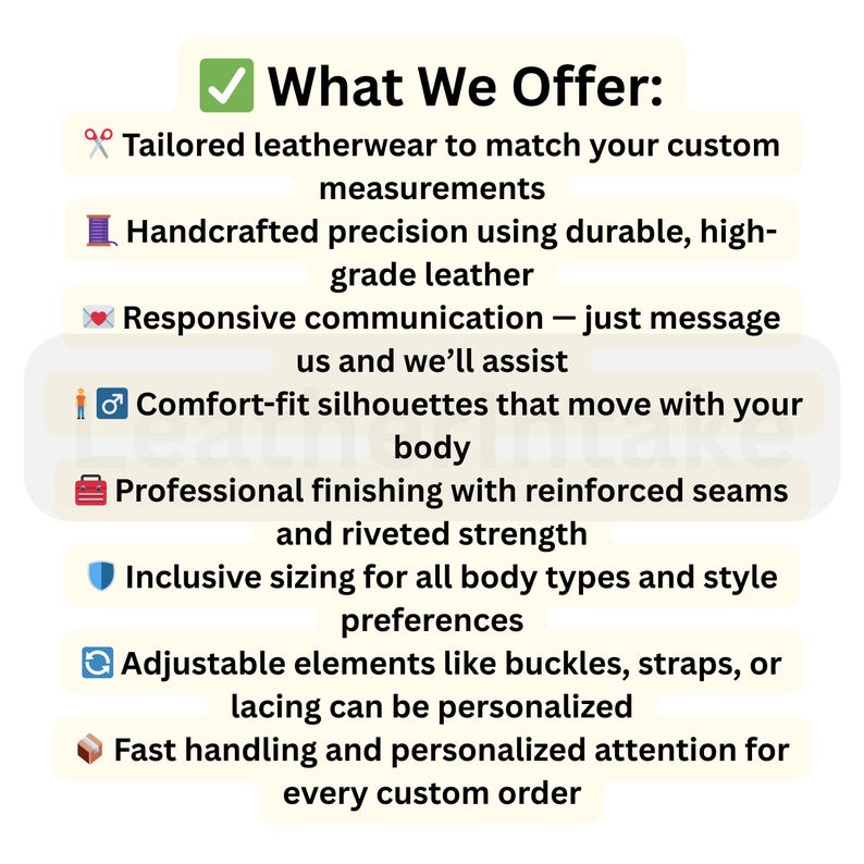 Puede incluir: Una imagen con el texto "What We Offer:" y una lista de caracter&iacute;sticas. Incluye art&iacute;culos de cuero a medida, precisi&oacute;n artesanal, comunicaci&oacute;n receptiva, siluetas c&oacute;modas, acabado profesional, tallas inclusivas, elementos ajustables y manejo r&aacute;pido.