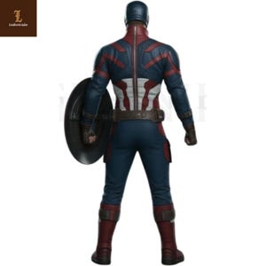 Puede incluir: Un disfraz de Capit&aacute;n Am&eacute;rica, visto desde atr&aacute;s, con una combinaci&oacute;n de colores azul, rojo y blanco. El disfraz incluye un casco, un escudo y un cintur&oacute;n de herramientas. Las botas son de color rojo oscuro. El escudo es negro y circular.