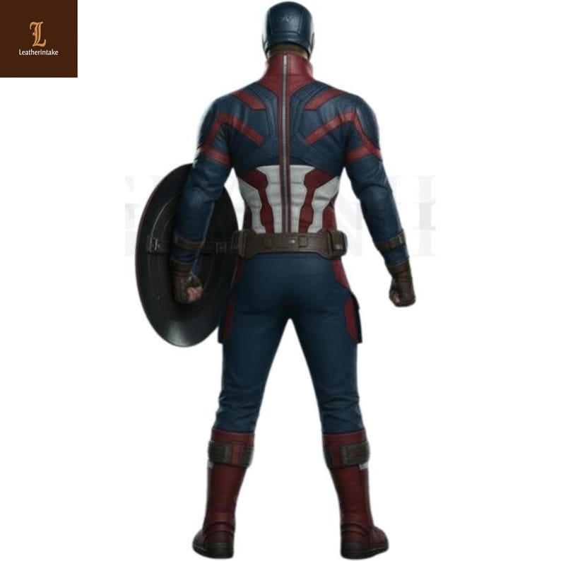 Puede incluir: Un disfraz de Capit&aacute;n Am&eacute;rica, visto desde atr&aacute;s, con una combinaci&oacute;n de colores azul, rojo y blanco. El disfraz incluye un casco, un escudo y un cintur&oacute;n de herramientas. Las botas son de color rojo oscuro. El escudo es negro y circular.