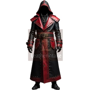 Hooded Leather Trench Coat: Steampunk Gothic Overcoat with Red Accents