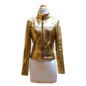 Veste en cuir dorée pour femme - Veste de moto métallique élégante - Veste dorée minimaliste tendance - Vêtements de moto sophistiqués et élégants