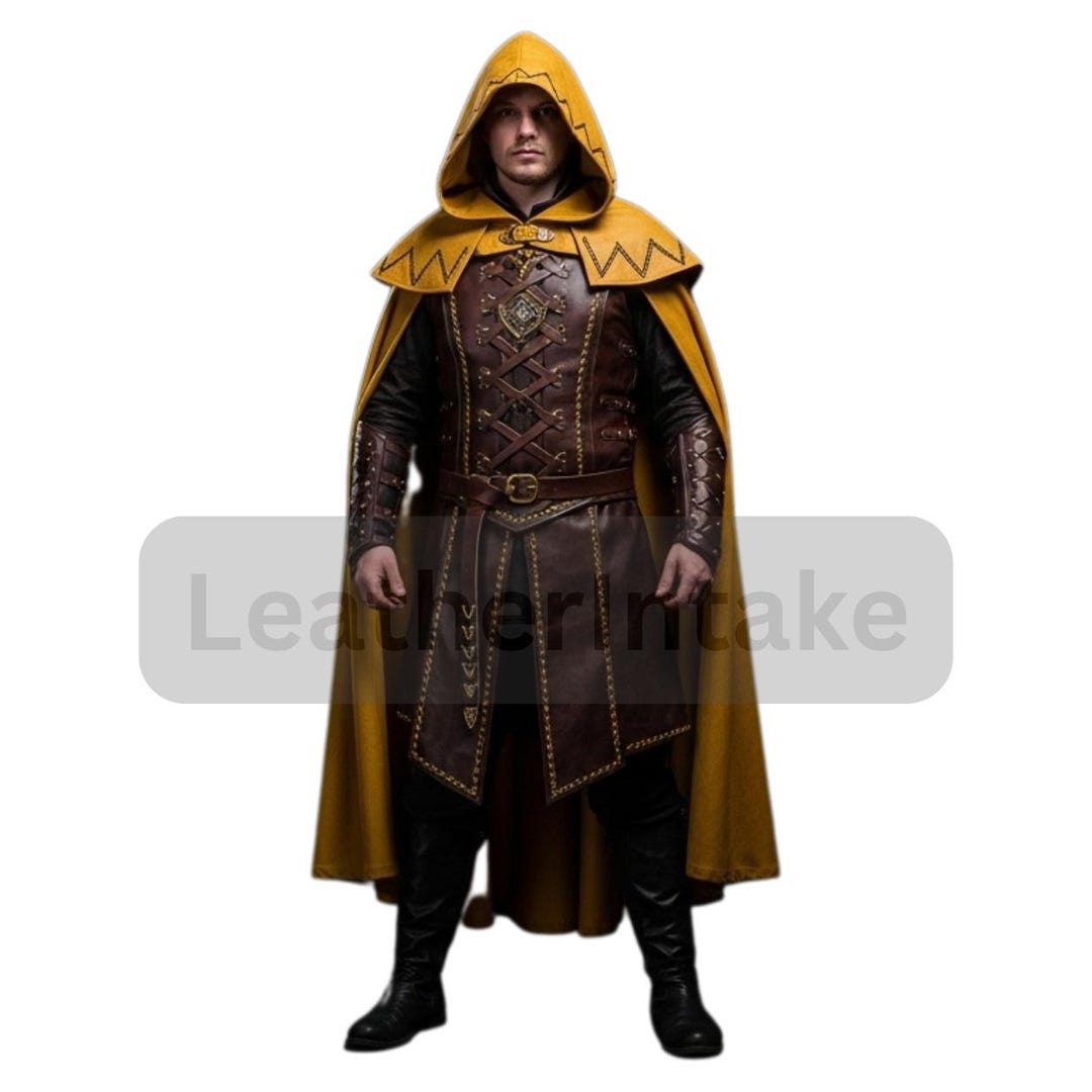 Golden Hooded Wizard Cloak: Medieval Leather Cosplay Outfit - Etsy