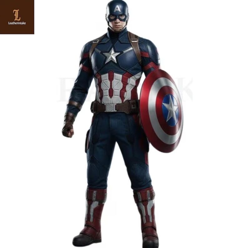 Puede incluir: Imagen de cuerpo completo de un disfraz del Capit&aacute;n Am&eacute;rica. El disfraz es principalmente azul marino, rojo y blanco, con un emblema de estrella en el pecho y un escudo a juego. El casco tiene la letra "A".