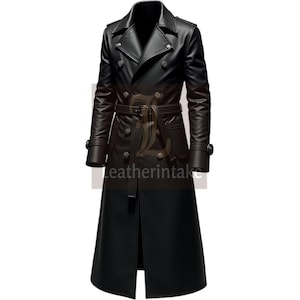 Genuine Black Leather Trench Coat - Double-Breasted - Adjustable Belt