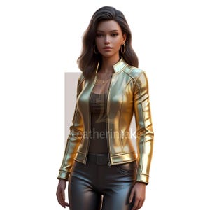 Veste en cuir métallique dorée - Vêtements d&#39;extérieur moto tendance pour femmes - Veste en cuir personnalisée - Cadeau pour elle - Veste motard dorée emblématique