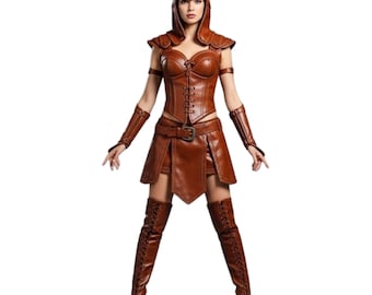 Women's Leather Warrior Costume with Animal Hood - Handmade Fantasy Leather Armor Outfit for Lady