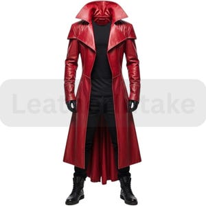 Red Leather Warrior Trench Coat: Gothic High Collar, Slim Fit