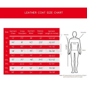 Puede incluir: Tabla de tallas de abrigos de cuero con medidas en pulgadas. La tabla incluye tallas XS a 5XL, detallando pecho, hombros, cintura, largo de manga y largo de prenda. Un diagrama ilustra d&oacute;nde medir.