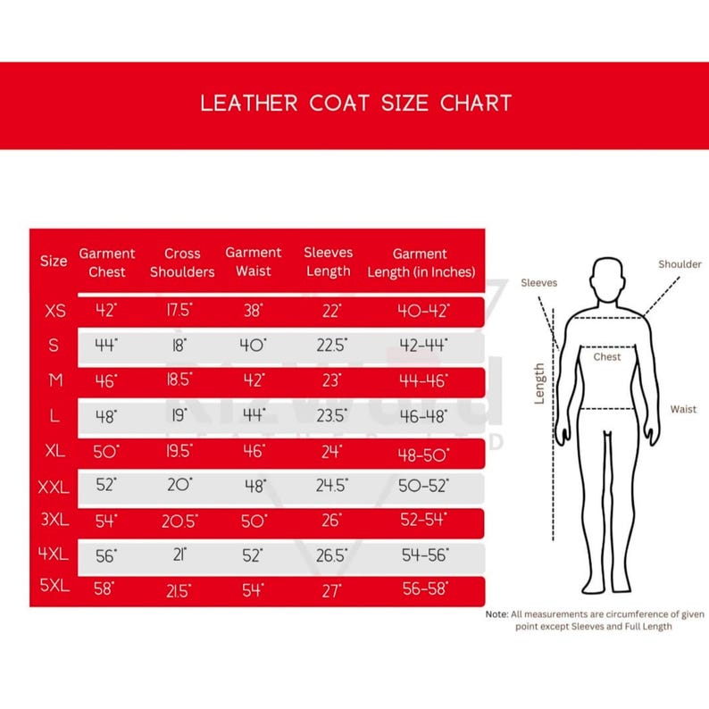 Puede incluir: Tabla de tallas de abrigos de cuero con medidas en pulgadas. La tabla incluye tallas XS a 5XL, detallando pecho, hombros, cintura, largo de manga y largo de prenda. Un diagrama ilustra d&oacute;nde medir.