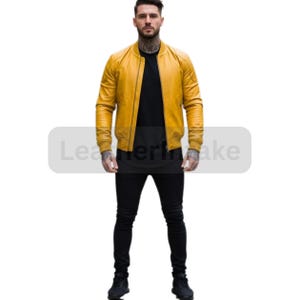 Handmade Men&#39;s Leather Jacket - Casual Yellow Leather Biker Jacket - Leather Jacket - Motorcycle Biker Jacket - Party Jacket
