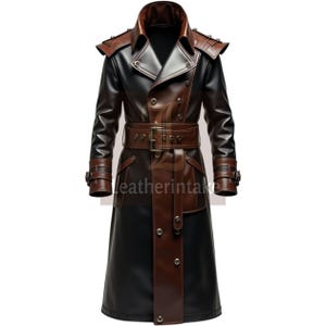 Men&#39;s Gothic Genuine Leather Trench Coat - Double-Breasted Military Overcoat