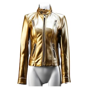 Blouson en cuir doré métallisé - vêtement d&#39;extérieur audacieux et tendance Manteau en cuir doré ultra-élégant - Pièce de mode indispensable Blouson en cuir de créateur doré