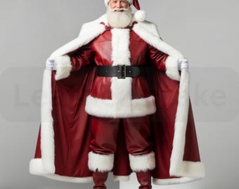 Red Leather Santa Costume - Genuine Leather Xmas Outfit - White Fur Trim Christmas Wear