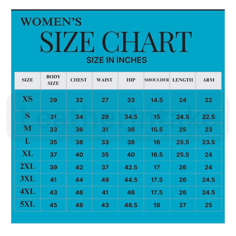 Puede incluir: Una tabla de tallas para mujer en pulgadas, con medidas de cuerpo, pecho, cintura, cadera, hombro, largo y brazo. Las tallas van de XS a 5XL, con las medidas correspondientes para cada talla. La tabla est&aacute; sobre un fondo turquesa.