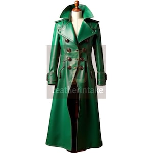 Long Leather Trench Coat  – Double-Breasted Leather Overcoat  - Green Leather Duster Coat - Full-Length Leather Coat – Green Leather Coat