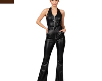 Handmade Women's Black Leather Slim-Fit Jumpsuit Outfit - Stylish Leather Bodysuit & Zipper - Gift for Her
