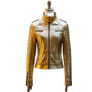 Metallic Gold Leather Biker Jacket: High Collar, Quilted Sleeves