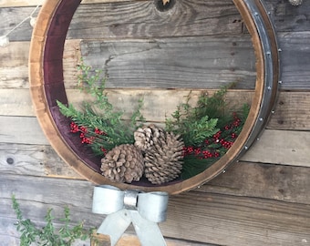 Wine Barrel Holiday Wreath / Door Hanger "Vairaa" Made from retired Napa wine barrels. 100% Recycled!