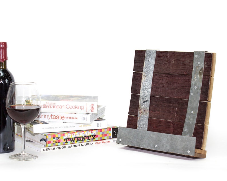 Wine Barrel Cookbook or Tablet Stand Recipe Made from retired California wine barrels. 100% Recycled image 1