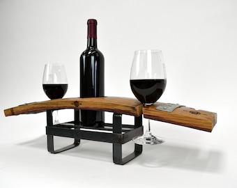 Barrel Stave and Steel Wine Flight - Zabibu - 4 glass wine flight and bottle stand. 100% Recycled!