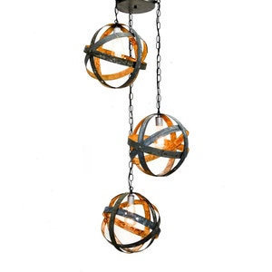 Triple Globe Barrel Ring Chandelier - Apex - Made from retired California wine barrel rings. 100% Recycled!