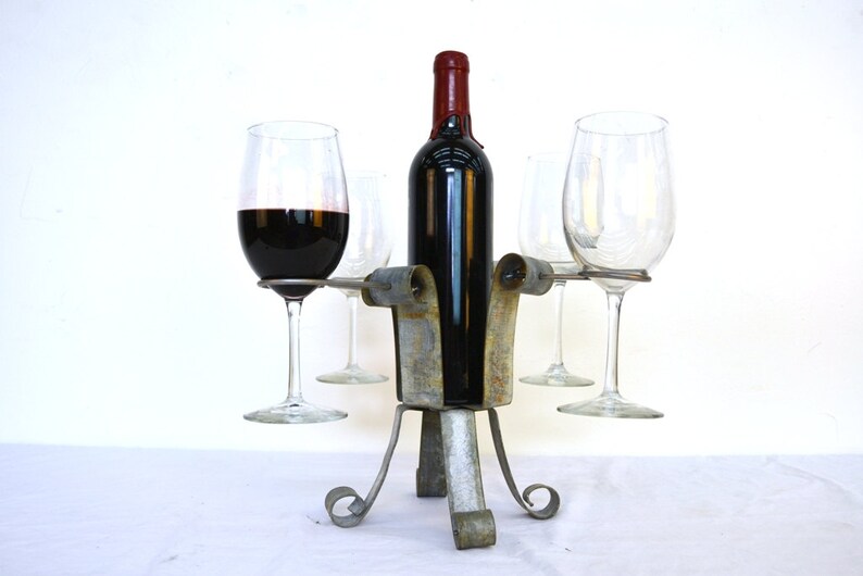 Wine Bottle and 4 Glass Server - shops Quattro - made from retired Napa wine barrel rings. 100% Recycled!