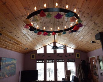 Wine Barrel Ring Chandelier - HALO 13 - made from Retired California Wine Barrel Rings 100% Recycled!