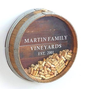 Wall Mounted Wine Bottle and Cork Display - Kala - Retired Napa wine barrel with custom personalized engraving!