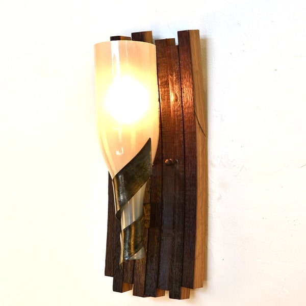 Wine Barrel Stave and Bottle Sconce - Opulent - Made from reclaimed CA wine barrels with bottles. 100% Recycled!