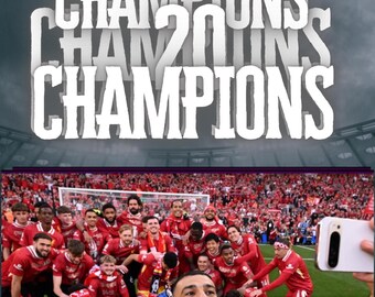 May include: A photograph of a football team celebrating a win, with the word "CHAMPIONS" in large white letters. The team is in red, taking a selfie. The stadium is packed with red-clad supporters.
