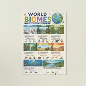 May include: An educational poster titled World Biomes featuring a globe illustration and eight distinct sections: Tundra, Taiga, Temperate Deciduous Forest, Tropical Forest, Grasslands, Desert, Marine, and Freshwater, each with descriptive text and animal icons.