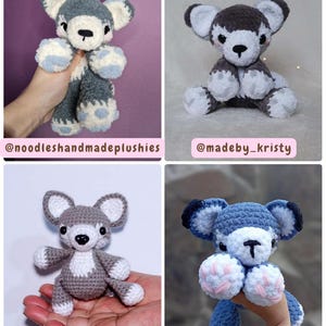 May include: Four handmade crochet plushies of wolf-like creatures in various colors, including gray, blue, and white. Each plushie has large ears, a small nose, and is held by a person's hand. The plushies are labeled with Instagram handles.