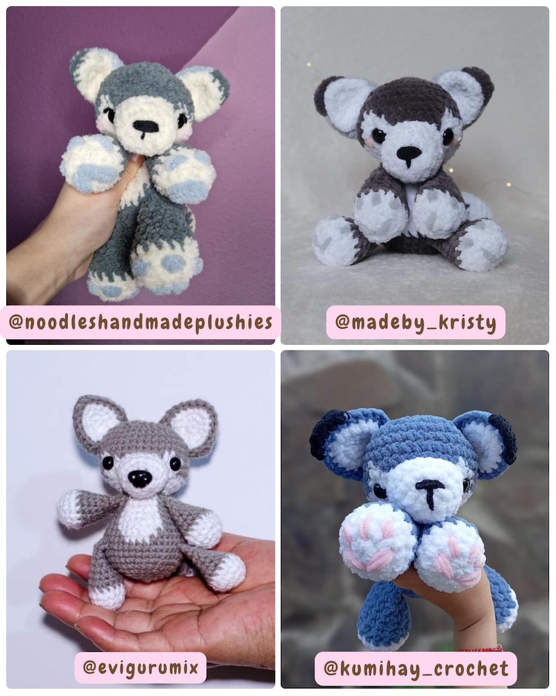 May include: Four handmade crochet plushies of wolf-like creatures in various colors, including gray, blue, and white. Each plushie has large ears, a small nose, and is held by a person's hand. The plushies are labeled with Instagram handles.
