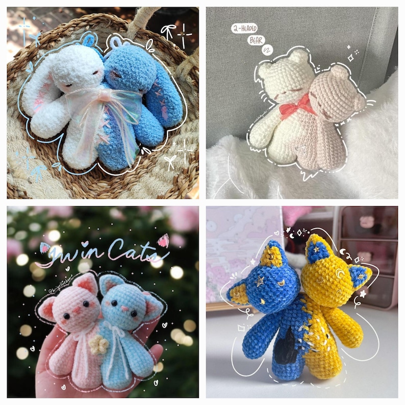 Puede incluir: Cuatro animales de peluche tejidos a crochet, dos conejos, un oso y un gato. Los conejos son azules y blancos, el oso es blanco y rosa, y el gato es azul y amarillo. Todos los animales se toman de la mano y tienen caras lindas.