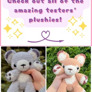 May include: The image showcases two handmade plushies, a gray bear and a tan bear, held up against a green backdrop. The text at the top reads "Check out all of the amazing testers' plushies!" in purple and pink, with decorative stars.