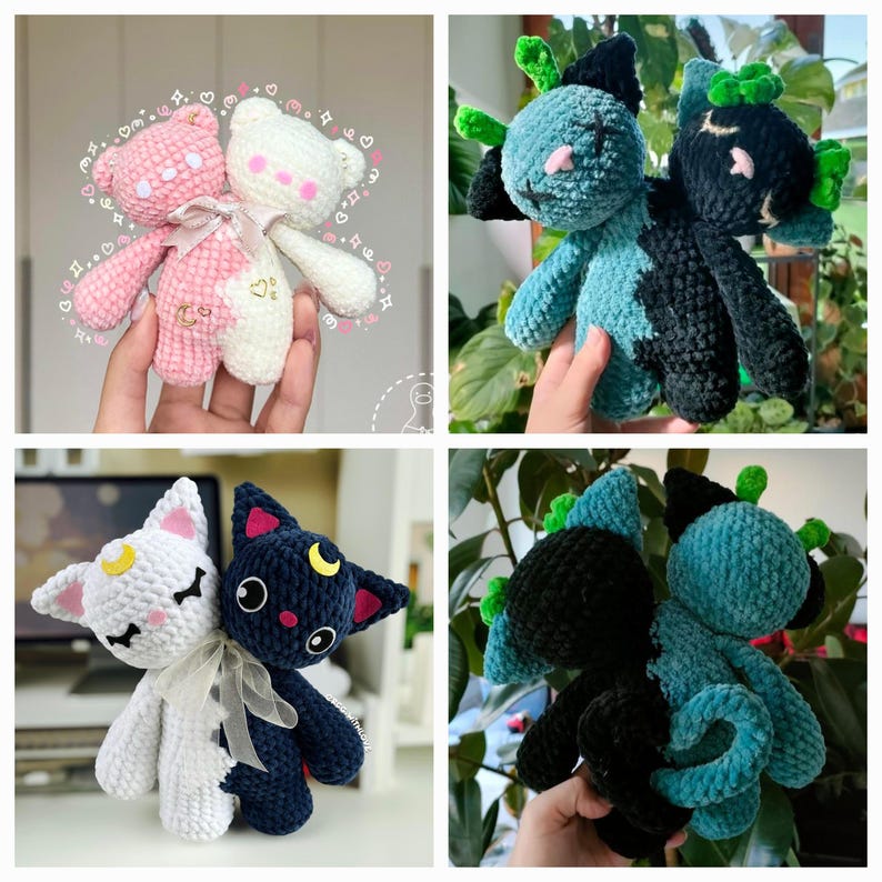 Puede incluir: Cuatro peluches de crochet, cada uno con una combinaci&oacute;n de colores diferente. El primero es un oso rosa y blanco, el segundo es un gato azul verdoso y negro, el tercero es un gato blanco y negro, y el cuarto es un gato azul verdoso y negro con antenas verdes.