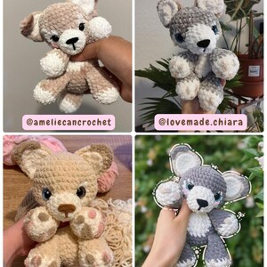 May include: Four crocheted teddy bears in various colors: tan, gray, and beige. Each bear has large ears, a black nose, and embroidered eyes. The bears are handmade and appear soft and cuddly. The image includes the Instagram handles of the creators.