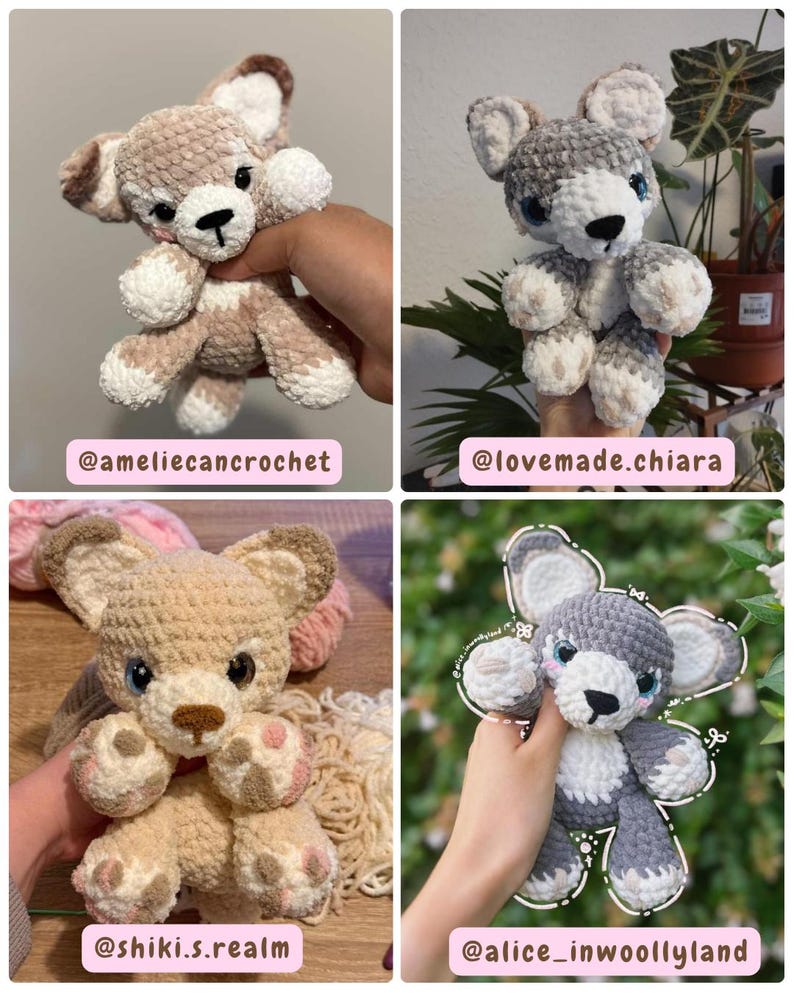 May include: Four crocheted teddy bears in various colors: tan, gray, and beige. Each bear has large ears, a black nose, and embroidered eyes. The bears are handmade and appear soft and cuddly. The image includes the Instagram handles of the creators.