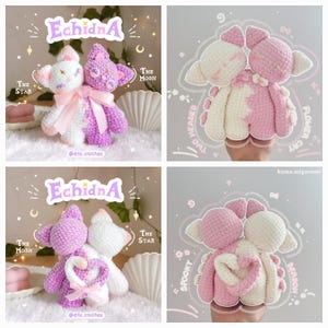 Puede incluir: Dos peluches de crochet, uno blanco y otro morado, se unen para formar una criatura de dos cabezas. Los juguetes llevan ambos lazos rosas y tienen corazones rosas en la espalda. Los juguetes est&aacute;n etiquetados como "Echidna" y "The Star" y "The Moon".