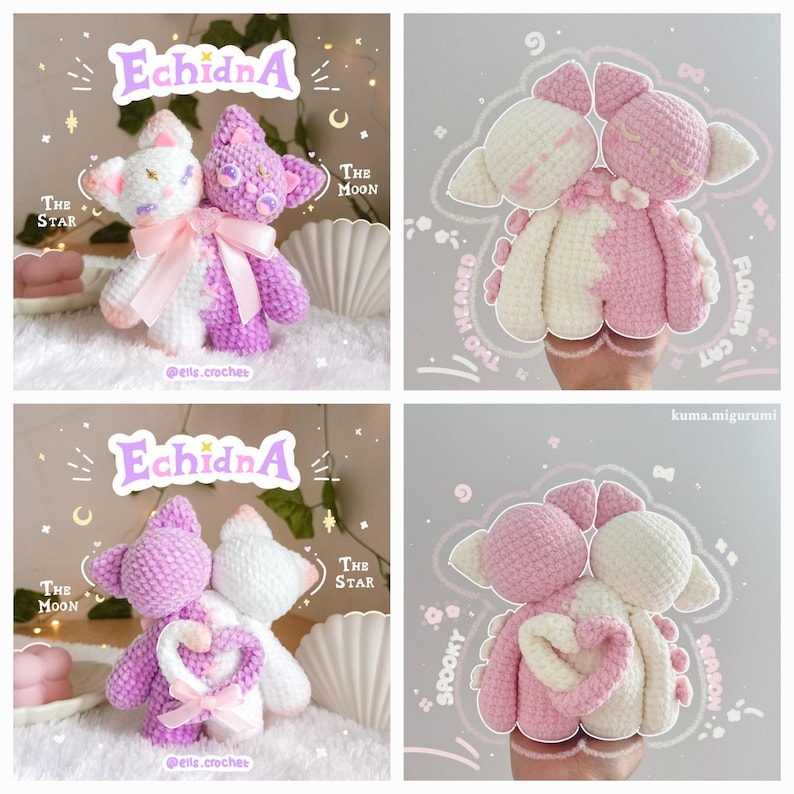Puede incluir: Dos peluches de crochet, uno blanco y otro morado, se unen para formar una criatura de dos cabezas. Los juguetes llevan ambos lazos rosas y tienen corazones rosas en la espalda. Los juguetes est&aacute;n etiquetados como "Echidna" y "The Star" y "The Moon".