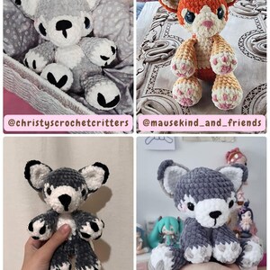 May include: A collection of handmade crochet animal plushies, including a gray and white bear, and an orange and cream-colored lion. The plushies have detailed features and are displayed in various settings. The image includes the text "@christyscrochetcritters", "@mausekind_and_friends", and "@kiwoo.crochet".