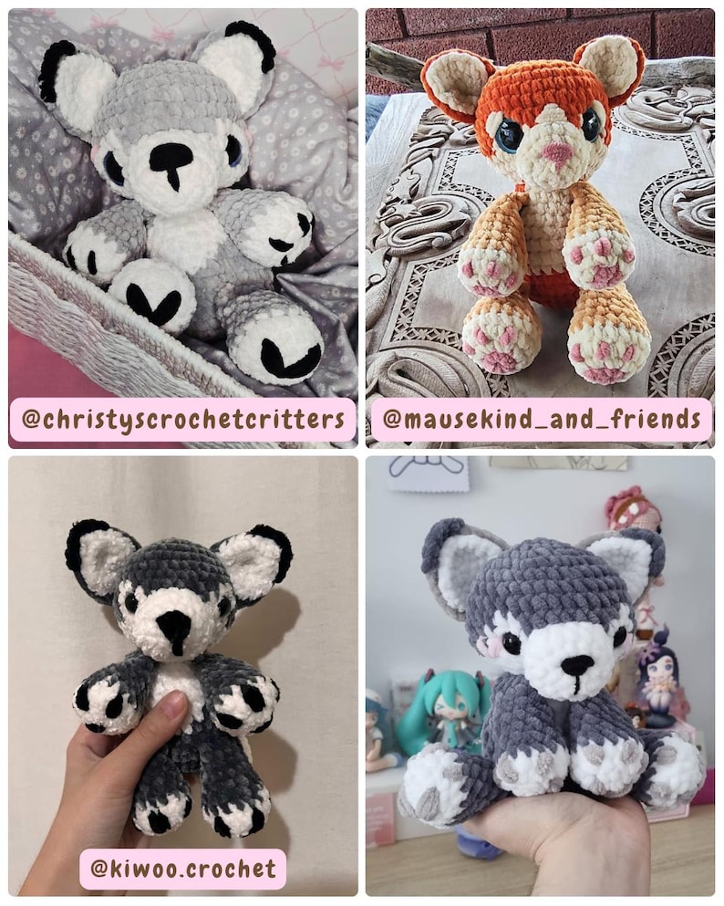 May include: A collection of handmade crochet animal plushies, including a gray and white bear, and an orange and cream-colored lion. The plushies have detailed features and are displayed in various settings. The image includes the text "@christyscrochetcritters", "@mausekind_and_friends", and "@kiwoo.crochet".